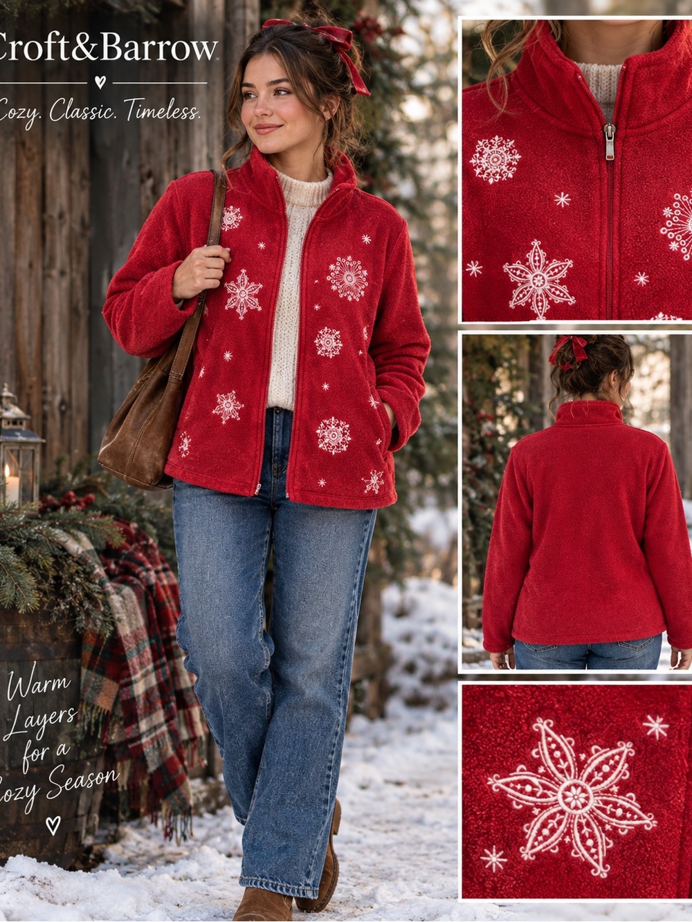 Croft & Barrow XL Red Embroidered Fleece Jacket Snowflake Full Zip Winter
